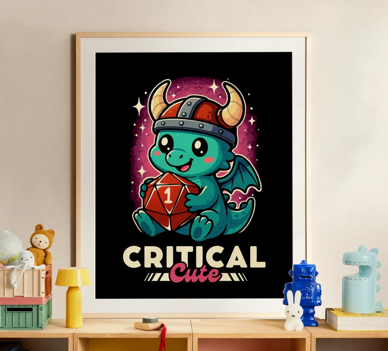 Drago carino critico poster con telaio in legno da LM2KONE