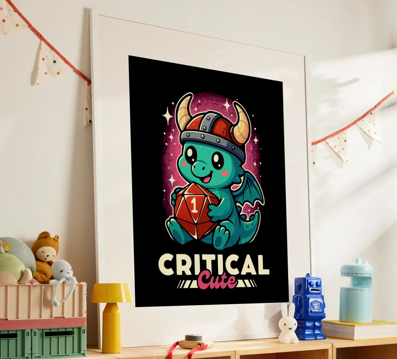 Drago carino critico poster con telaio in legno da LM2KONE