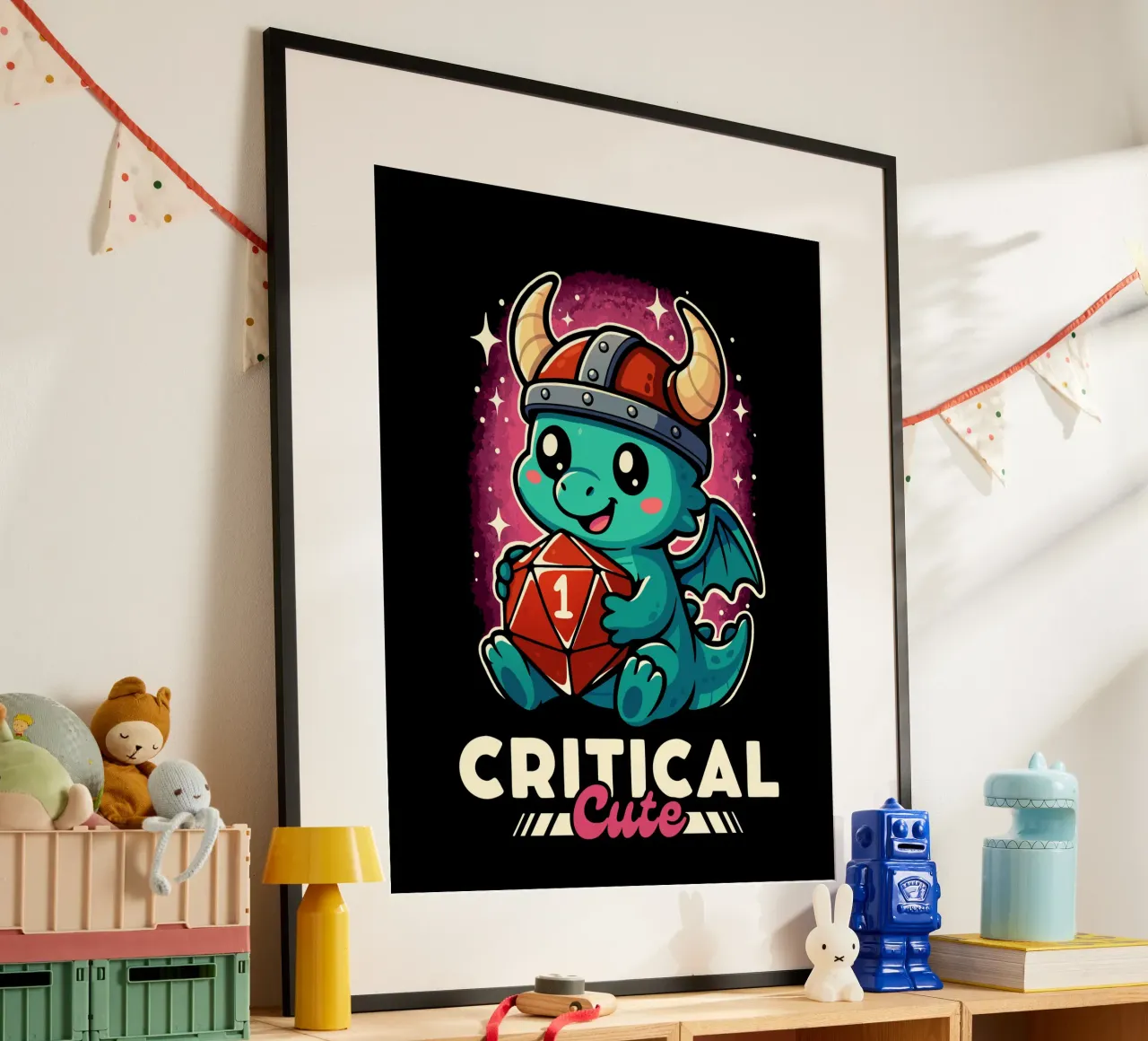 Drago carino critico poster con telaio in legno da LM2KONE