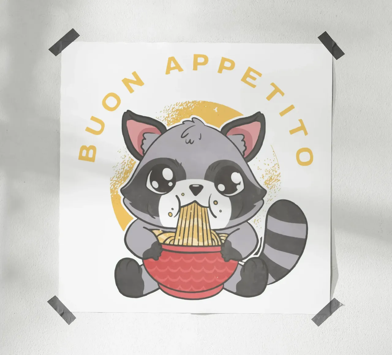 Buon Appetito Raccoon ramen poster con telaio in alluminio da Gunawan Rb