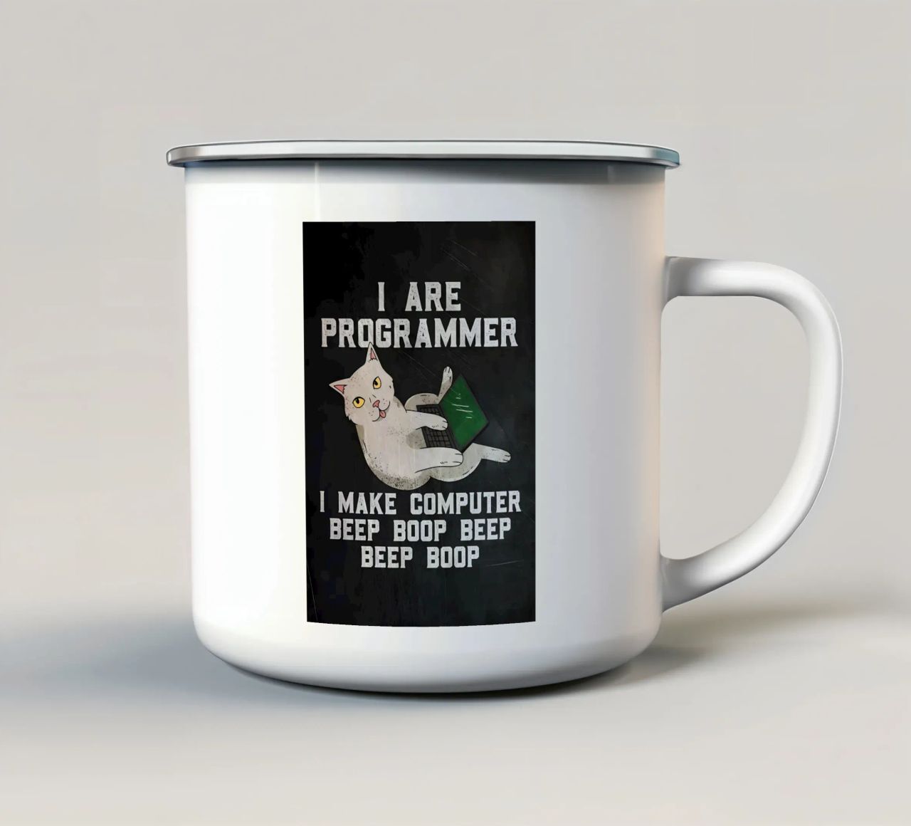 gatto computer portatile testo umorismo animale tecnologia cartone animato mem tazza in smalto da Ashish Kashyap
