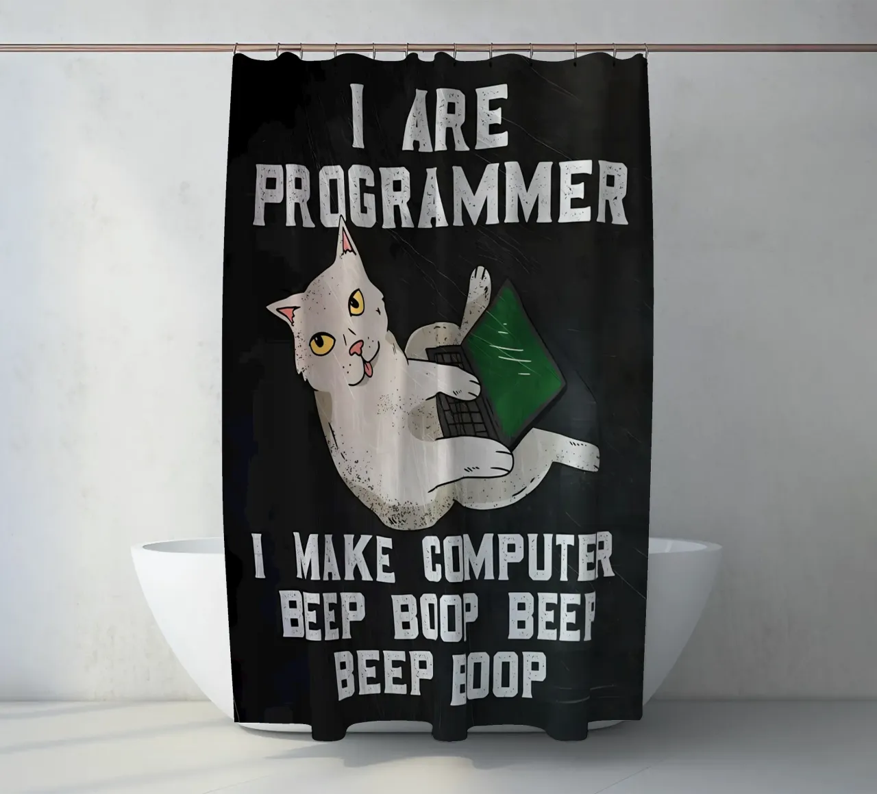 gatto computer portatile testo umorismo animale tecnologia cartone animato mem tenda da doccia da Ashish Kashyap