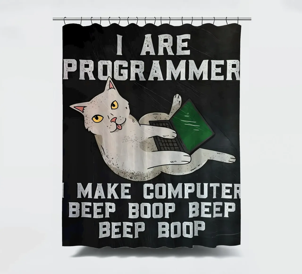 gatto computer portatile testo umorismo animale tecnologia cartone animato mem tenda da doccia da Ashish Kashyap