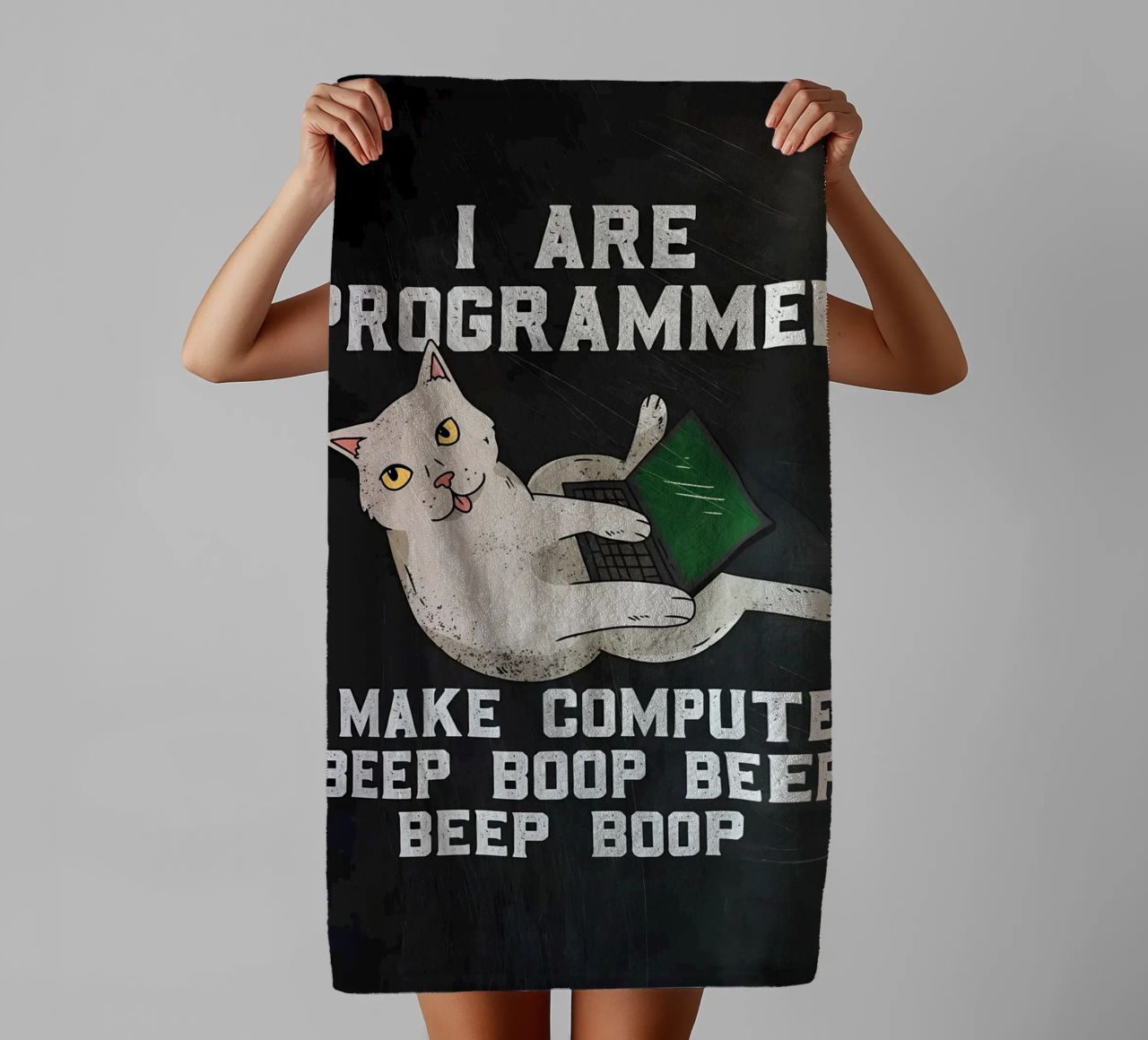 gatto computer portatile testo umorismo animale tecnologia cartone animato mem asciugamano da bagno da Ashish Kashyap