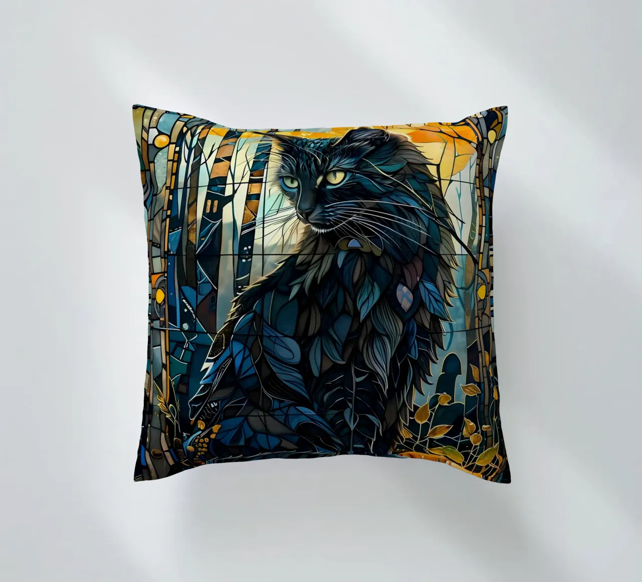 gatto in vetro colorato foresta luna rami foglie fiori blu t cuscino da Ashish Kashyap