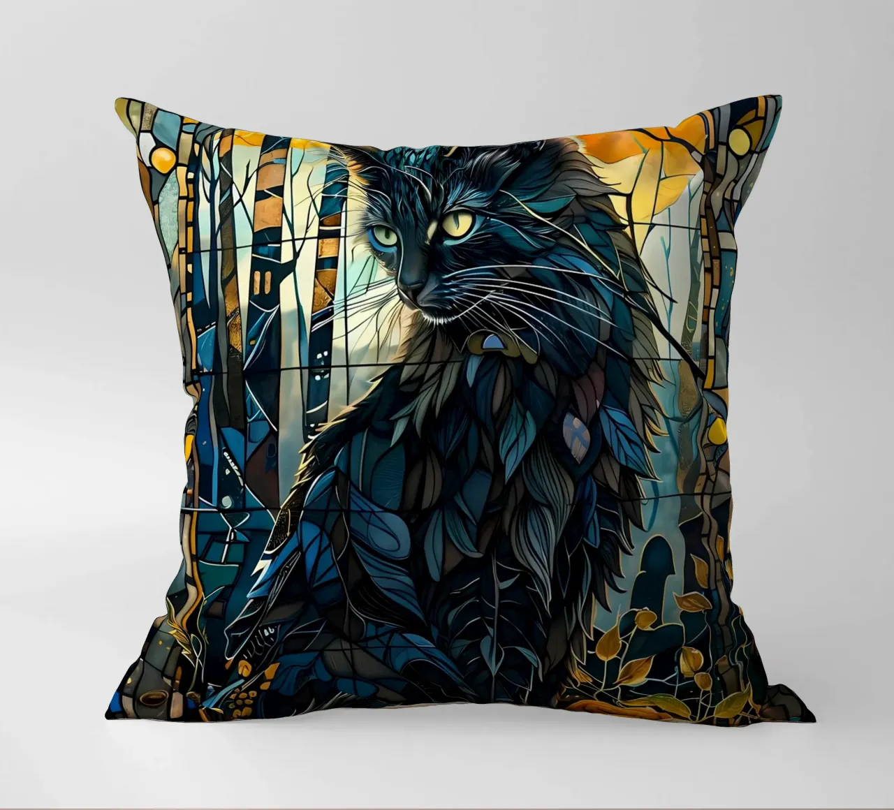 gatto in vetro colorato foresta luna rami foglie fiori blu t cuscino da Ashish Kashyap