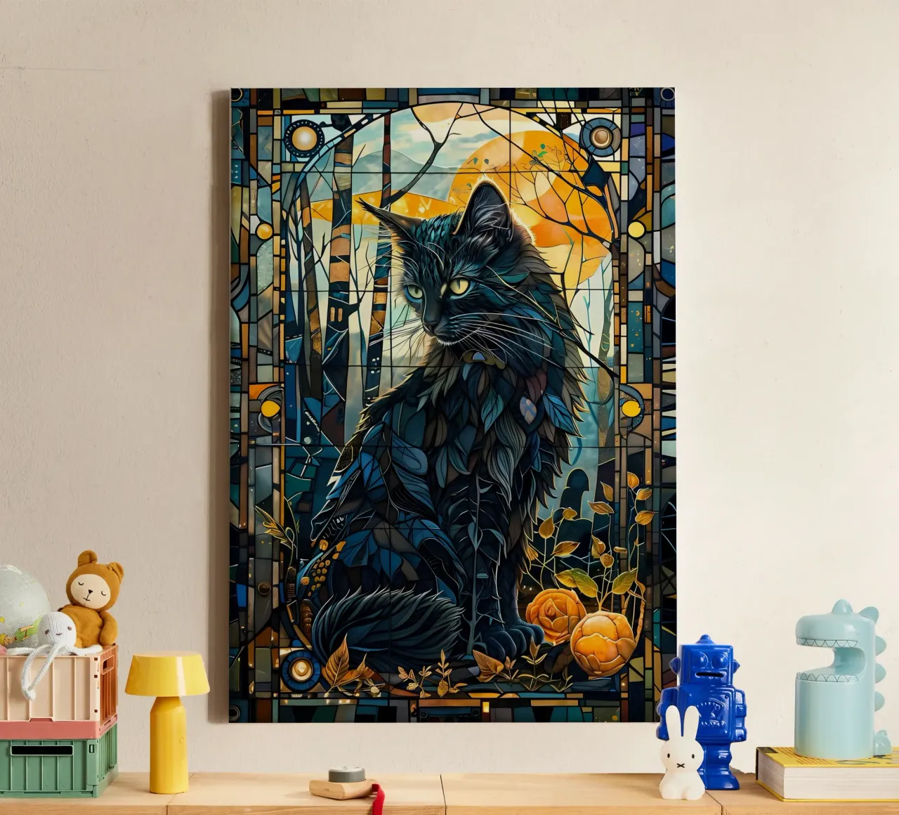 gatto in vetro colorato foresta luna rami foglie fiori blu t tela con Cornice a cassetta da Ashish Kashyap