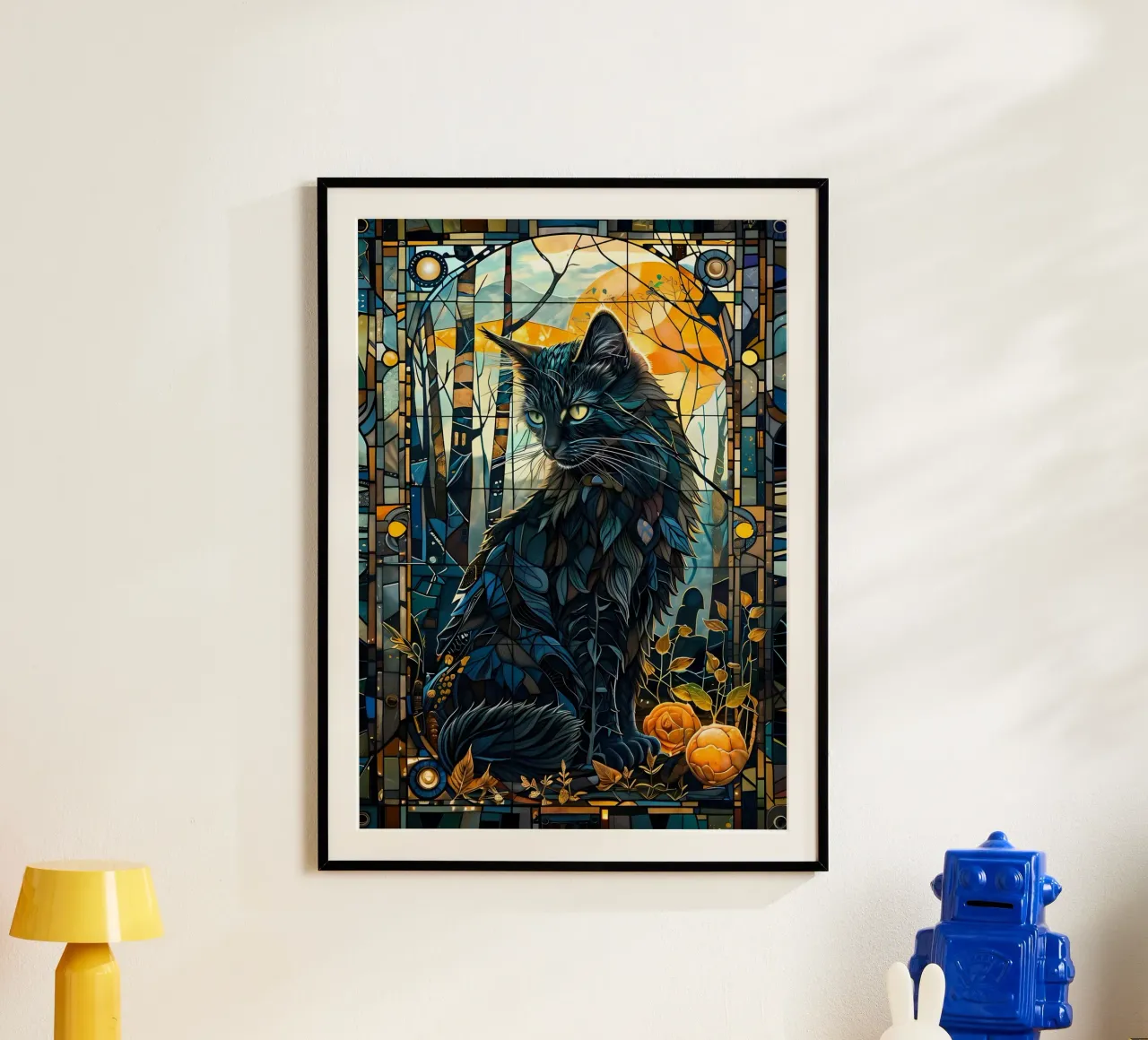 gatto in vetro colorato foresta luna rami foglie fiori blu t carta hahnemühle da Ashish Kashyap