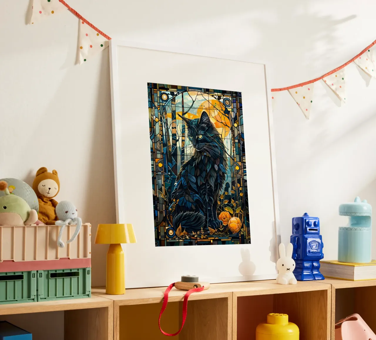 gatto in vetro colorato foresta luna rami foglie fiori blu t carta hahnemühle da Ashish Kashyap