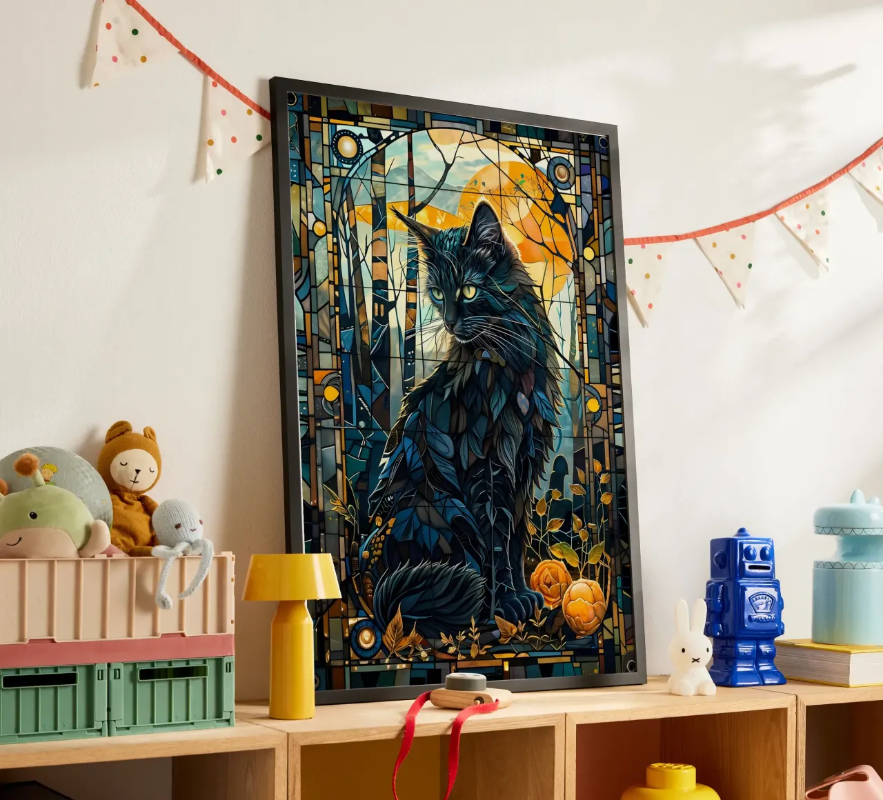 gatto in vetro colorato foresta luna rami foglie fiori blu t carta hahnemühle da Ashish Kashyap