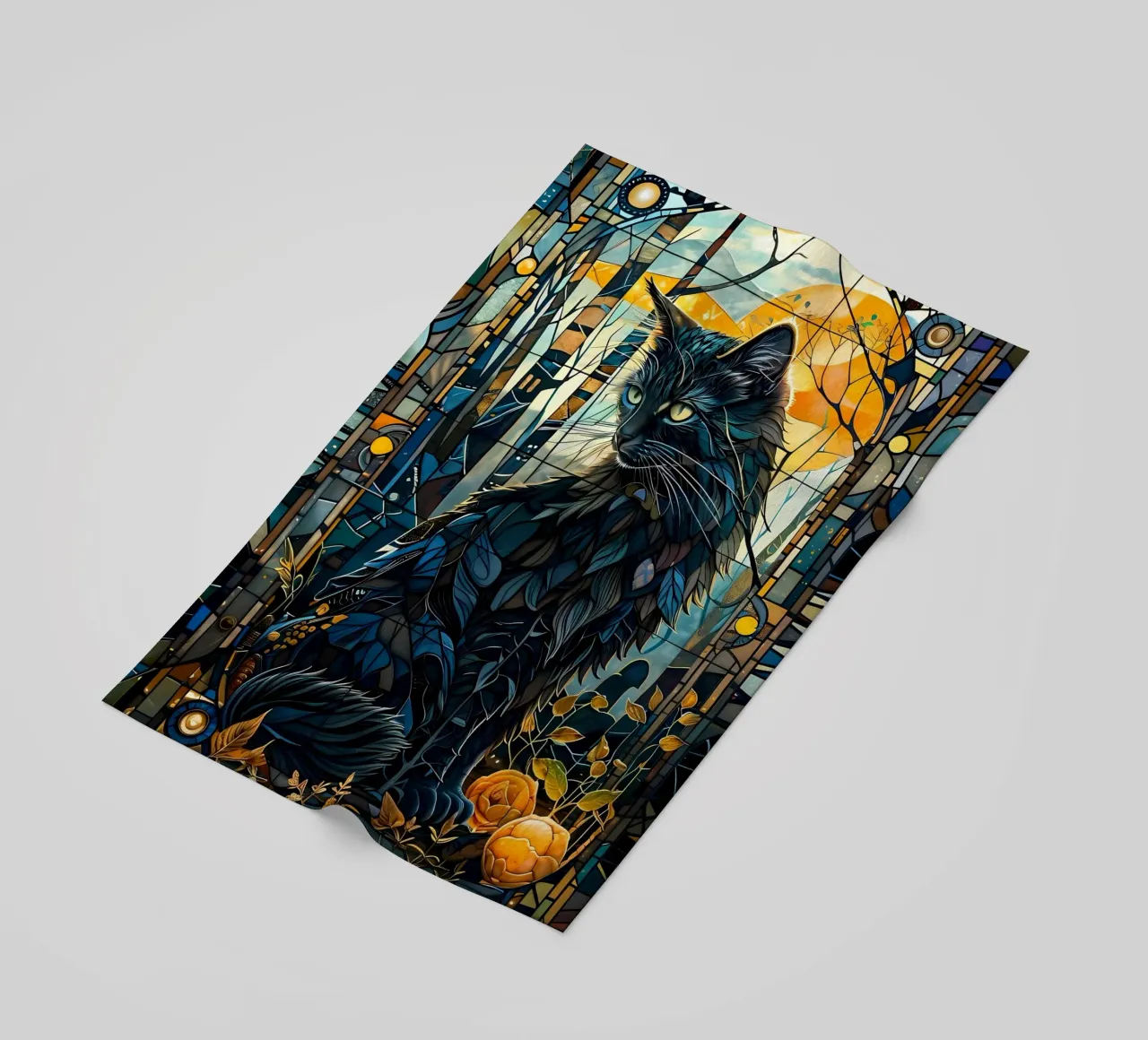 gatto in vetro colorato foresta luna rami foglie fiori blu t telo mare da Ashish Kashyap