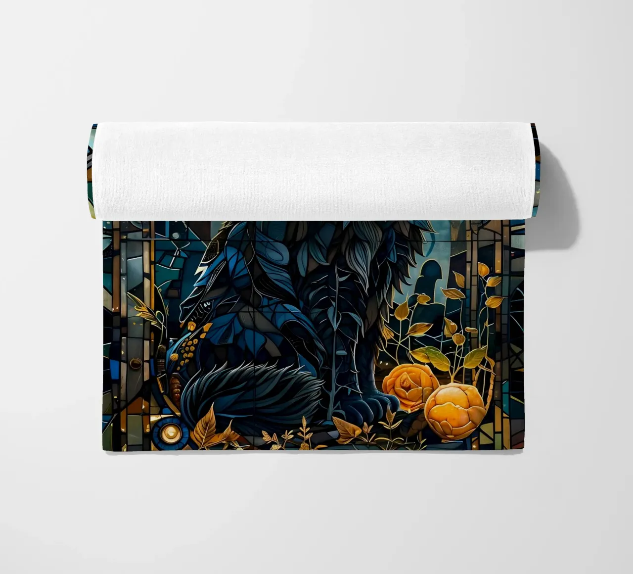 gatto in vetro colorato foresta luna rami foglie fiori blu t telo mare da Ashish Kashyap