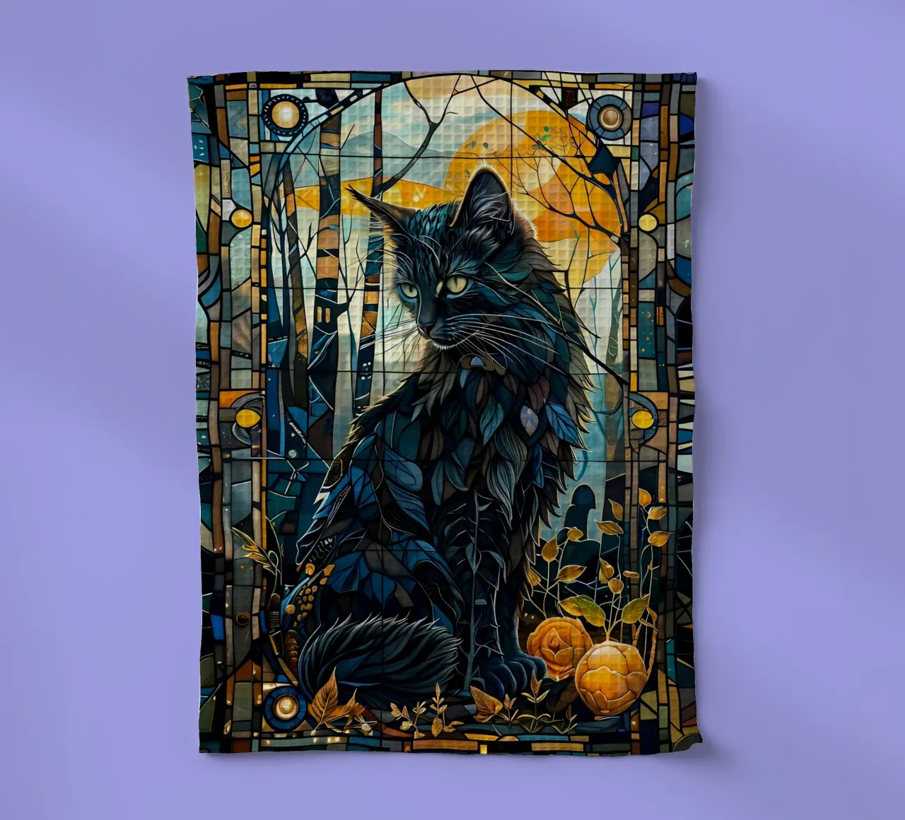 gatto in vetro colorato foresta luna rami foglie fiori blu t canovaccio da cucina da Ashish Kashyap