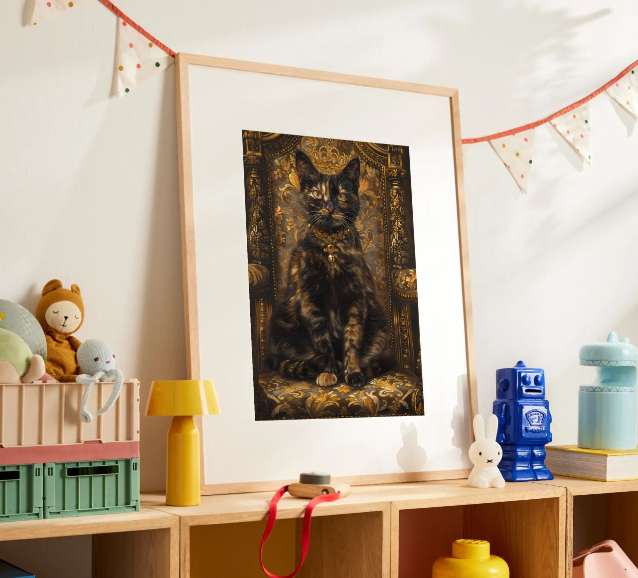 Katze Krone verzierten Stuhl Schmuck Goldakzente königlichen floral pat Poster von Ashish Kashyap