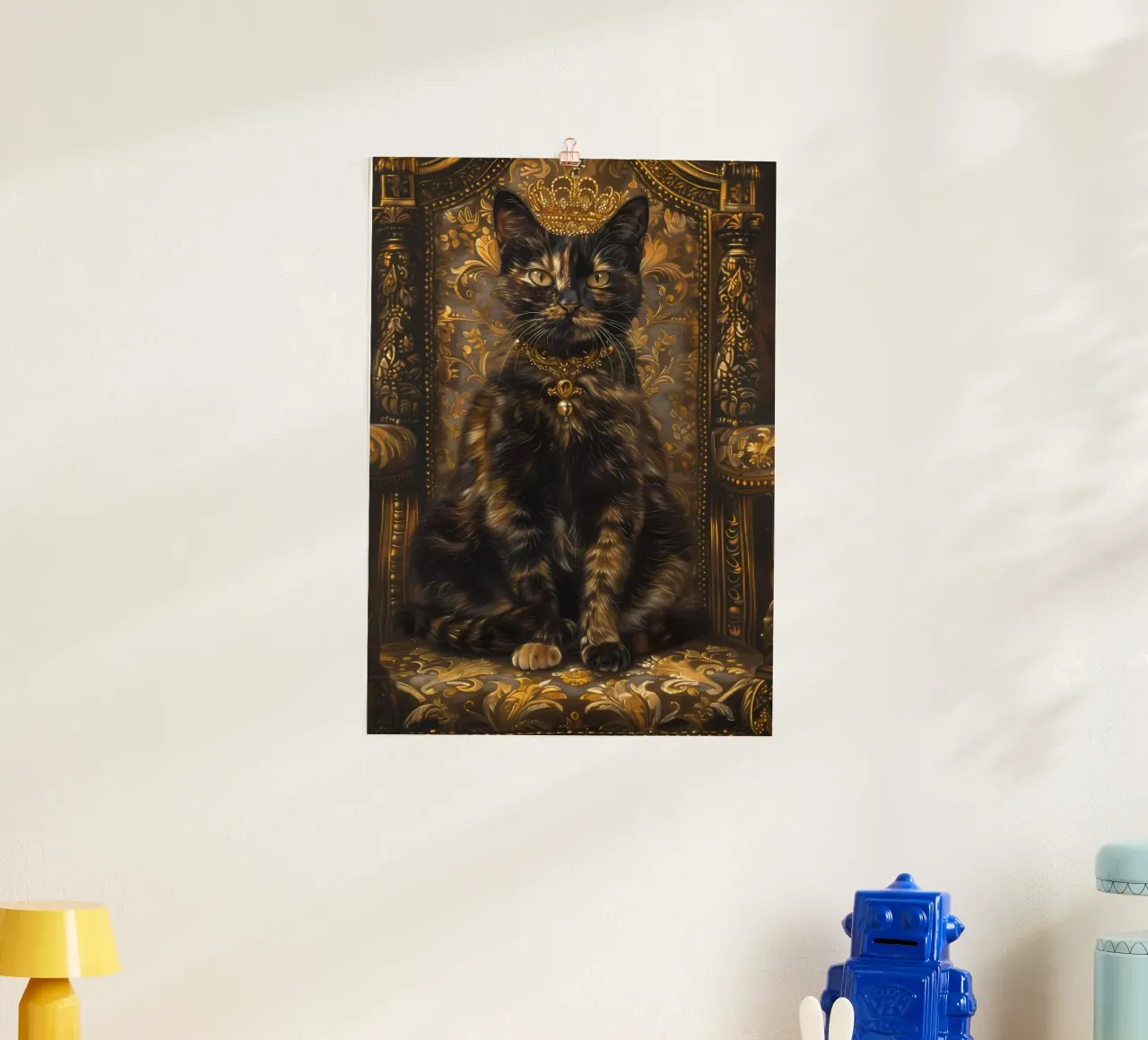gatto corona ornato sedia gioielli accenti d'oro regale floreale pat poster con telaio in plastica da Ashish Kashyap