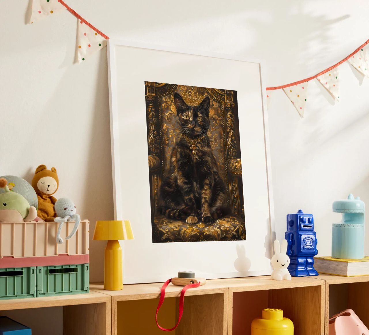 Katze Krone verzierten Stuhl Schmuck Goldakzente königlichen floral pat Poster von Ashish Kashyap