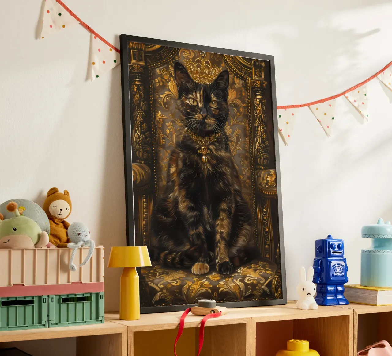 gatto corona ornato sedia gioielli accenti d'oro regale floreale pat poster con telaio in plastica da Ashish Kashyap