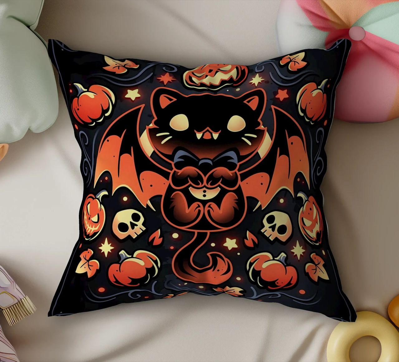 chauve-souris chat citrouilles crânes feuilles d'automne étoiles tourbillons queue aile coussin de Ashish Kashyap