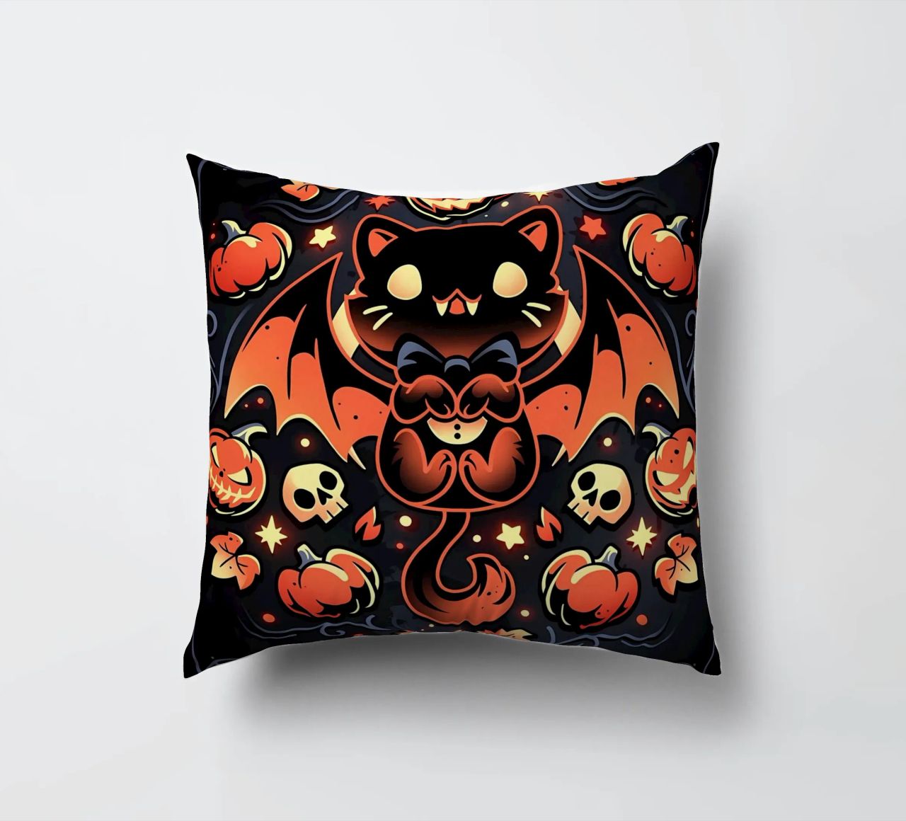 chauve-souris chat citrouilles crânes feuilles d'automne étoiles tourbillons queue aile coussin de Ashish Kashyap