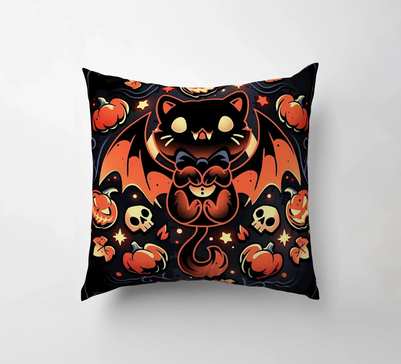 chauve-souris chat citrouilles crânes feuilles d'automne étoiles tourbillons queue aile coussin de Ashish Kashyap