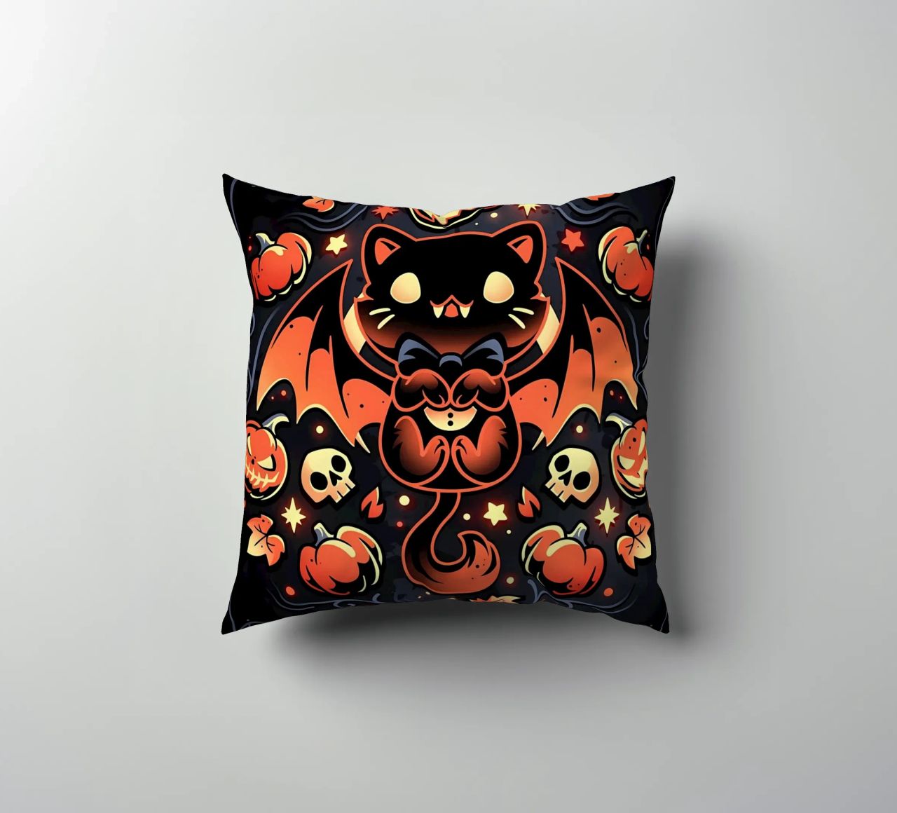 chauve-souris chat citrouilles crânes feuilles d'automne étoiles tourbillons queue aile coussin de Ashish Kashyap