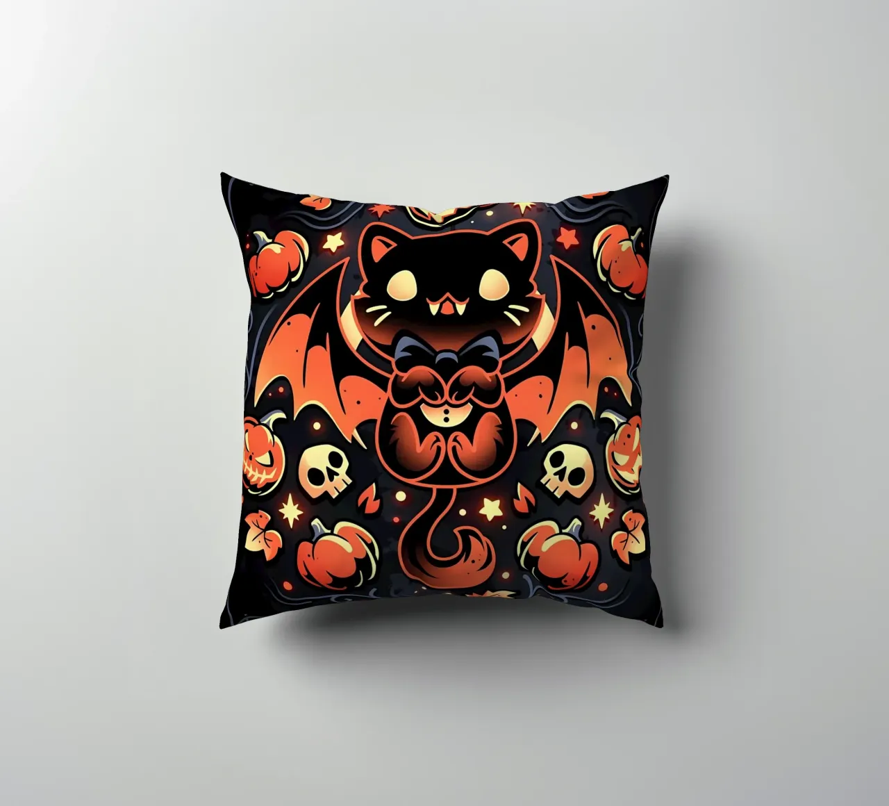 chauve-souris chat citrouilles crânes feuilles d'automne étoiles tourbillons queue aile coussin de Ashish Kashyap