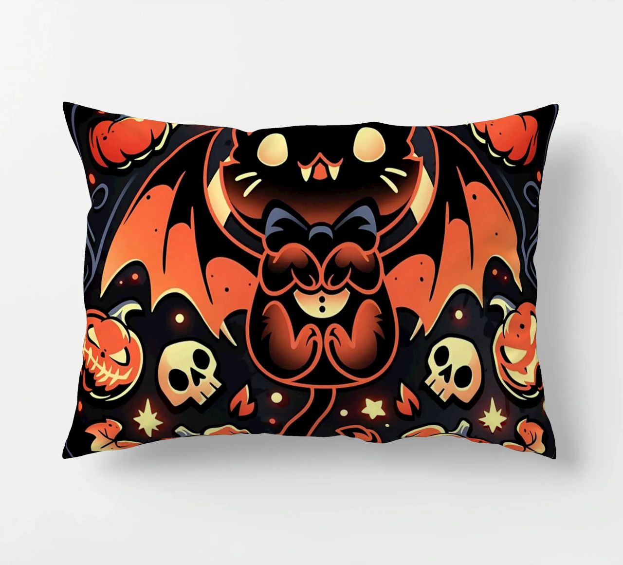 chauve-souris chat citrouilles crânes feuilles d'automne étoiles tourbillons queue aile coussin de Ashish Kashyap