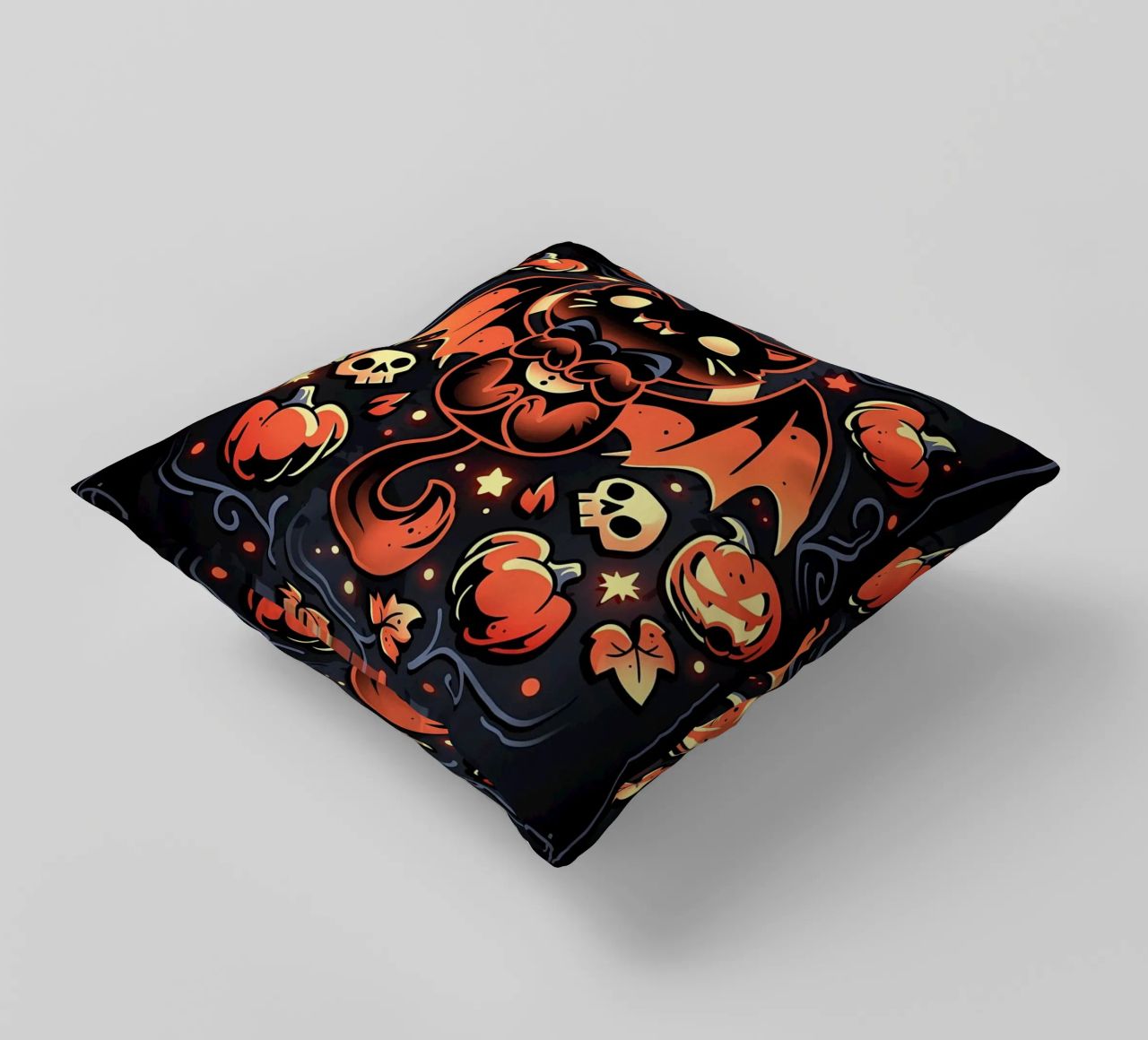 chauve-souris chat citrouilles crânes feuilles d'automne étoiles tourbillons queue aile coussin de Ashish Kashyap