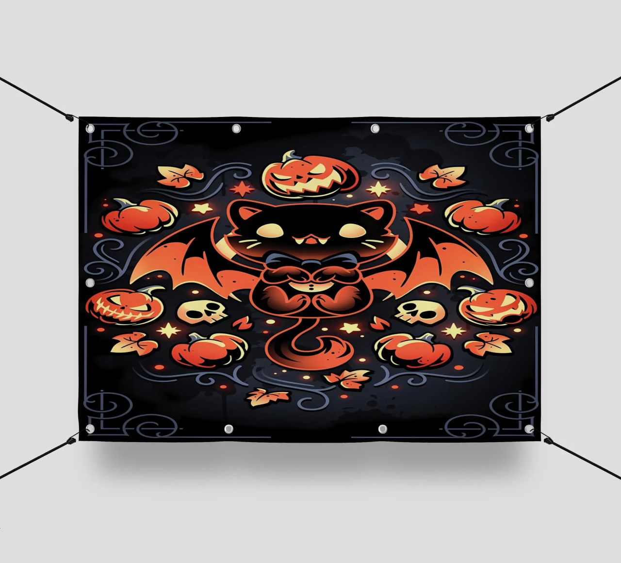 chauve-souris chat citrouilles crânes feuilles d'automne étoiles tourbillons queue aile bâche pvc de Ashish Kashyap