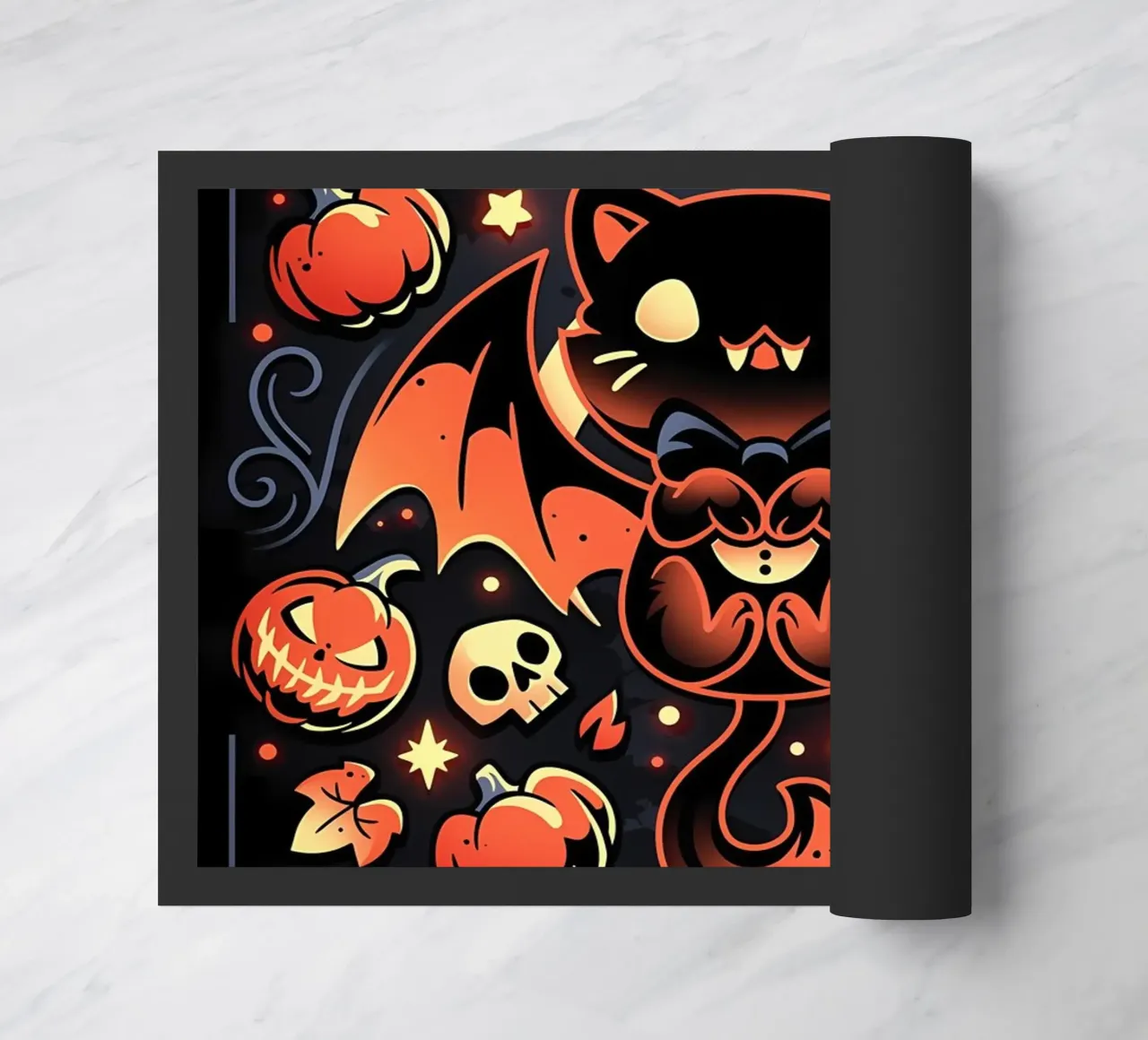 chauve-souris chat citrouilles crânes feuilles d'automne étoiles tourbillons queue aile paillasson de Ashish Kashyap