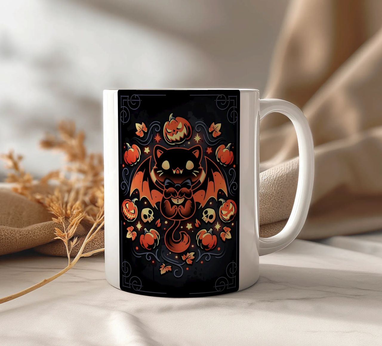 chauve-souris chat citrouilles crânes feuilles d'automne étoiles tourbillons queue aile mug en céramique de Ashish Kashyap