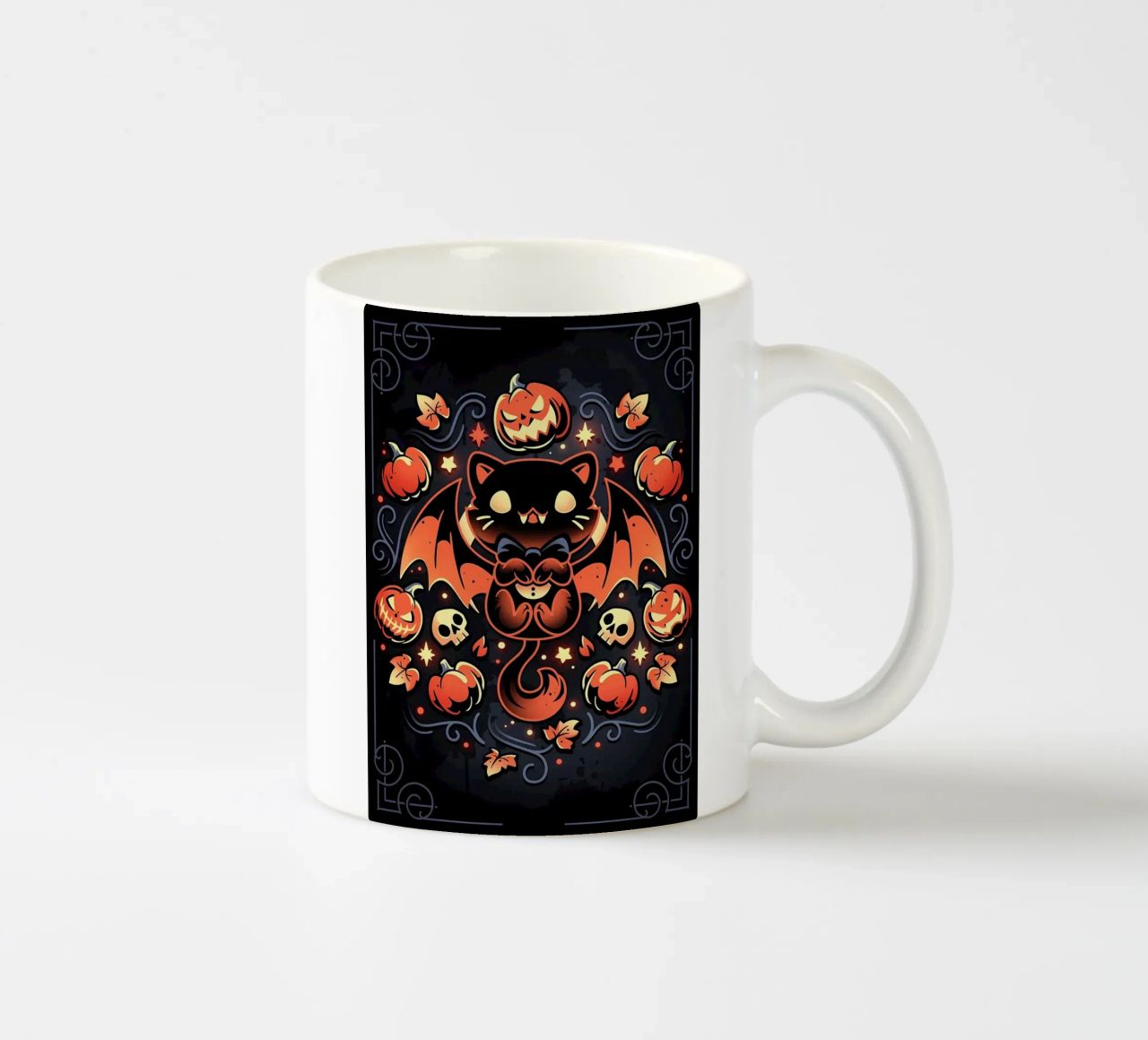 chauve-souris chat citrouilles crânes feuilles d'automne étoiles tourbillons queue aile mug en céramique de Ashish Kashyap