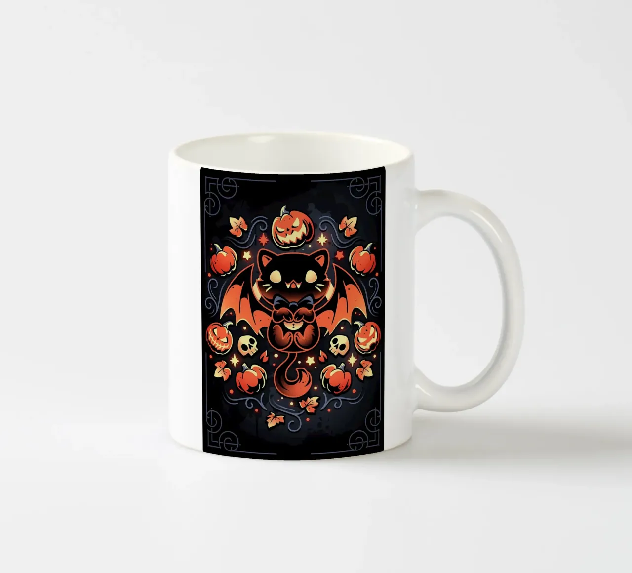 murciélago gato calabazas calaveras otoño hojas estrellas remolinos cola ala taza de cerámica de Ashish Kashyap