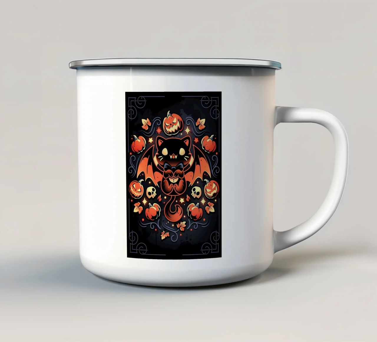 chauve-souris chat citrouilles crânes feuilles d'automne étoiles tourbillons queue aile mug en émail de Ashish Kashyap