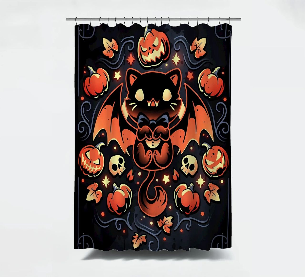 chauve-souris chat citrouilles crânes feuilles d'automne étoiles tourbillons queue aile rideau de douche de Ashish Kashyap