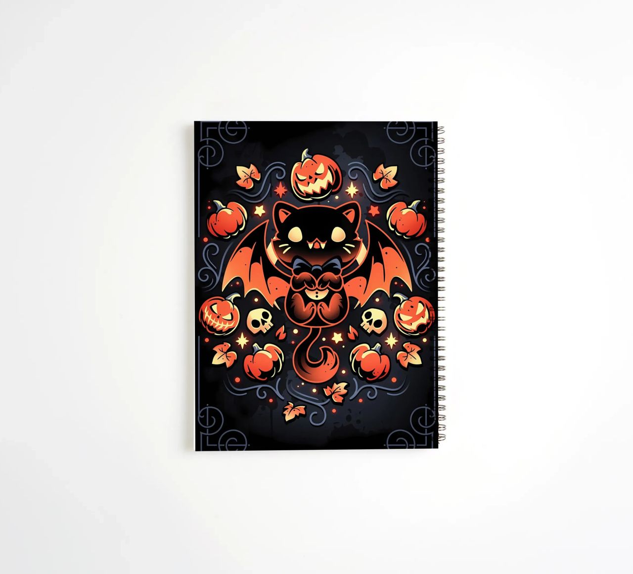 chauve-souris chat citrouilles crânes feuilles d'automne étoiles tourbillons queue aile carnet à spirale de Ashish Kashyap