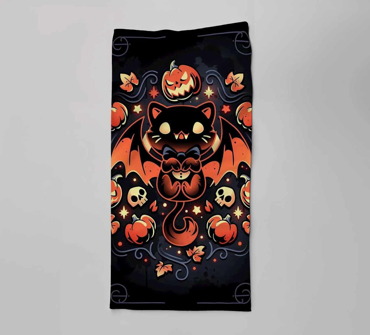 chauve-souris chat citrouilles crânes feuilles d'automne étoiles tourbillons queue aile serviette de bain de Ashish Kashyap
