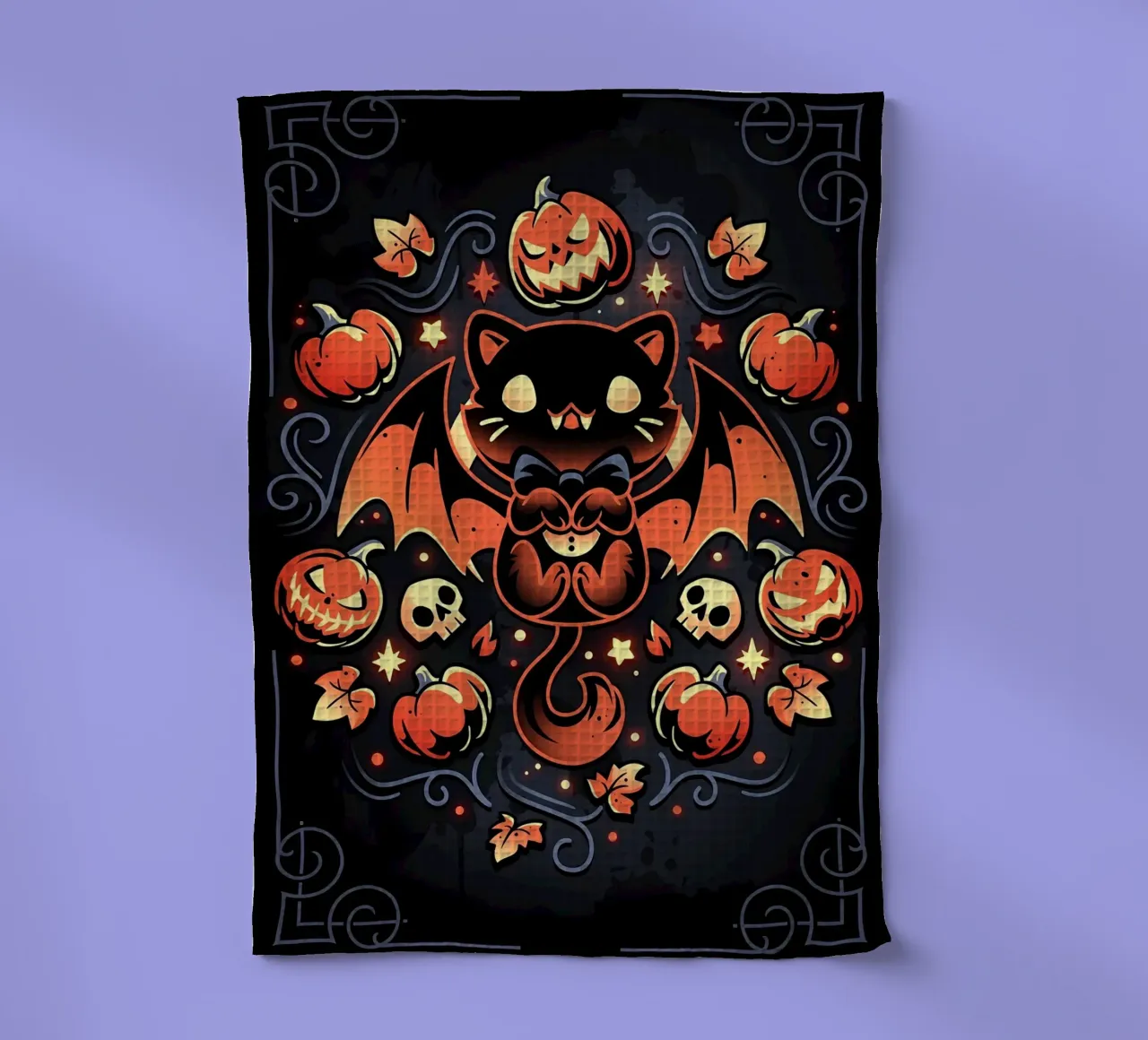 chauve-souris chat citrouilles crânes feuilles d'automne étoiles tourbillons queue aile torchon de Ashish Kashyap