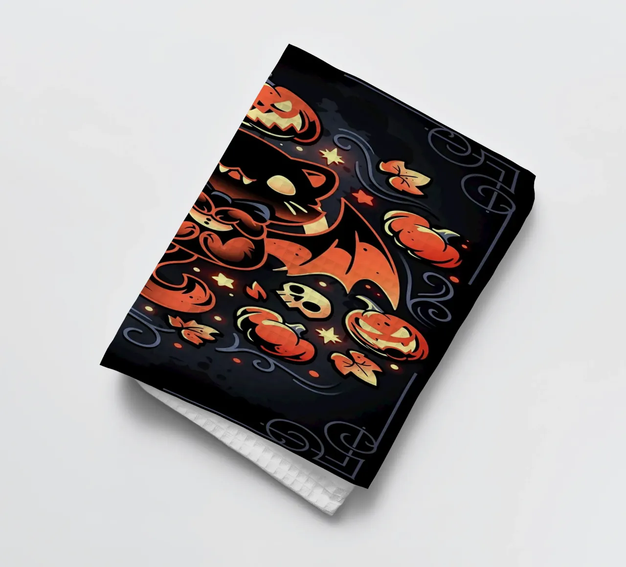 chauve-souris chat citrouilles crânes feuilles d'automne étoiles tourbillons queue aile torchon de Ashish Kashyap