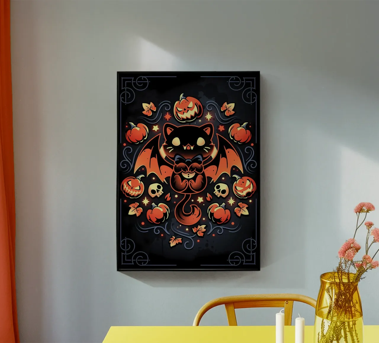 chauve-souris chat citrouilles crânes feuilles d'automne étoiles tourbillons queue aile plexiglas de Ashish Kashyap