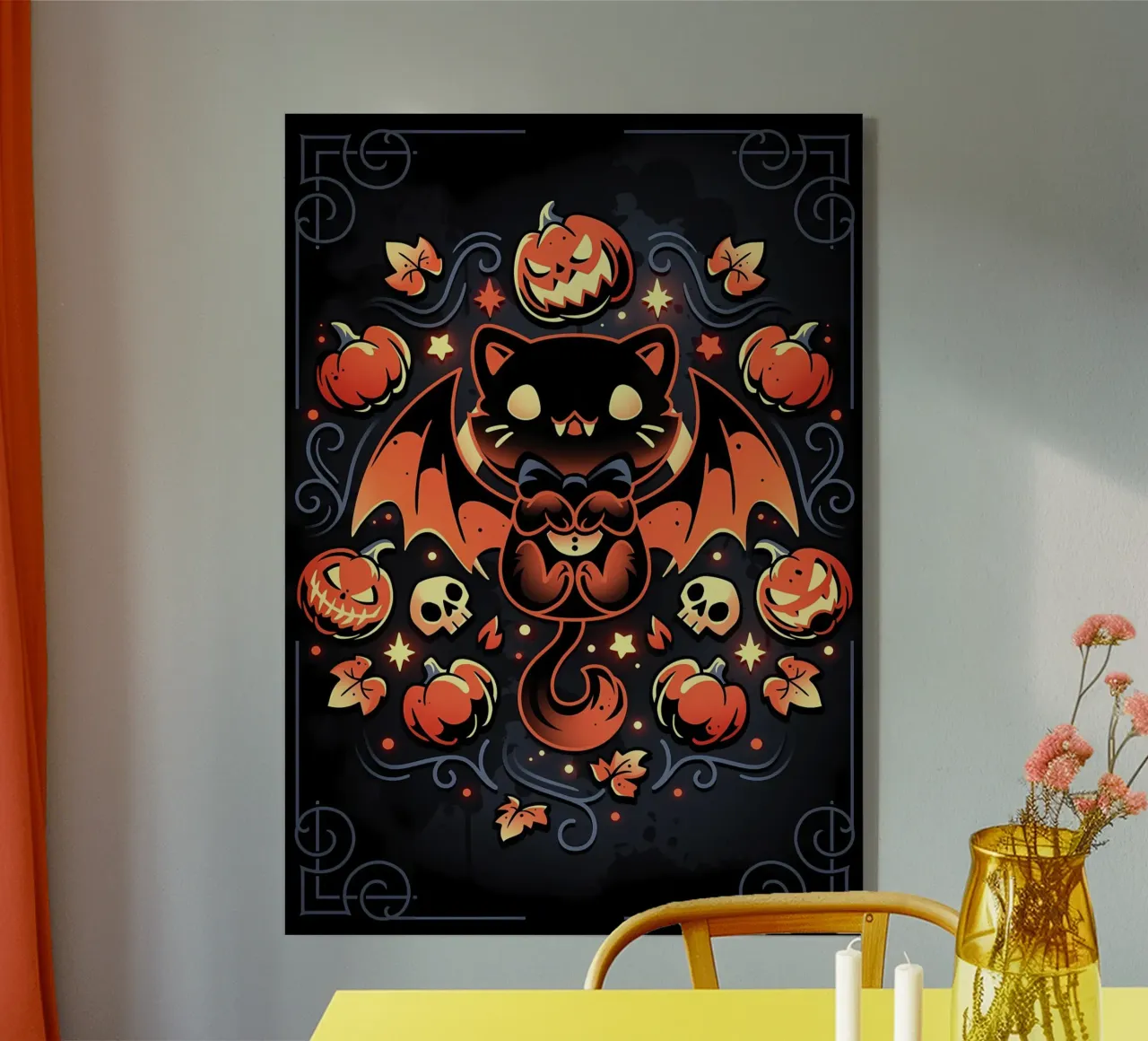 chauve-souris chat citrouilles crânes feuilles d'automne étoiles tourbillons queue aile plexiglas de Ashish Kashyap