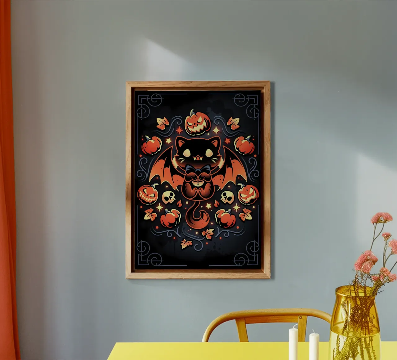 bat cat pumpkins skulls autumn leaves stars swirls tail wing alu-dibond by Ashish Kashyap