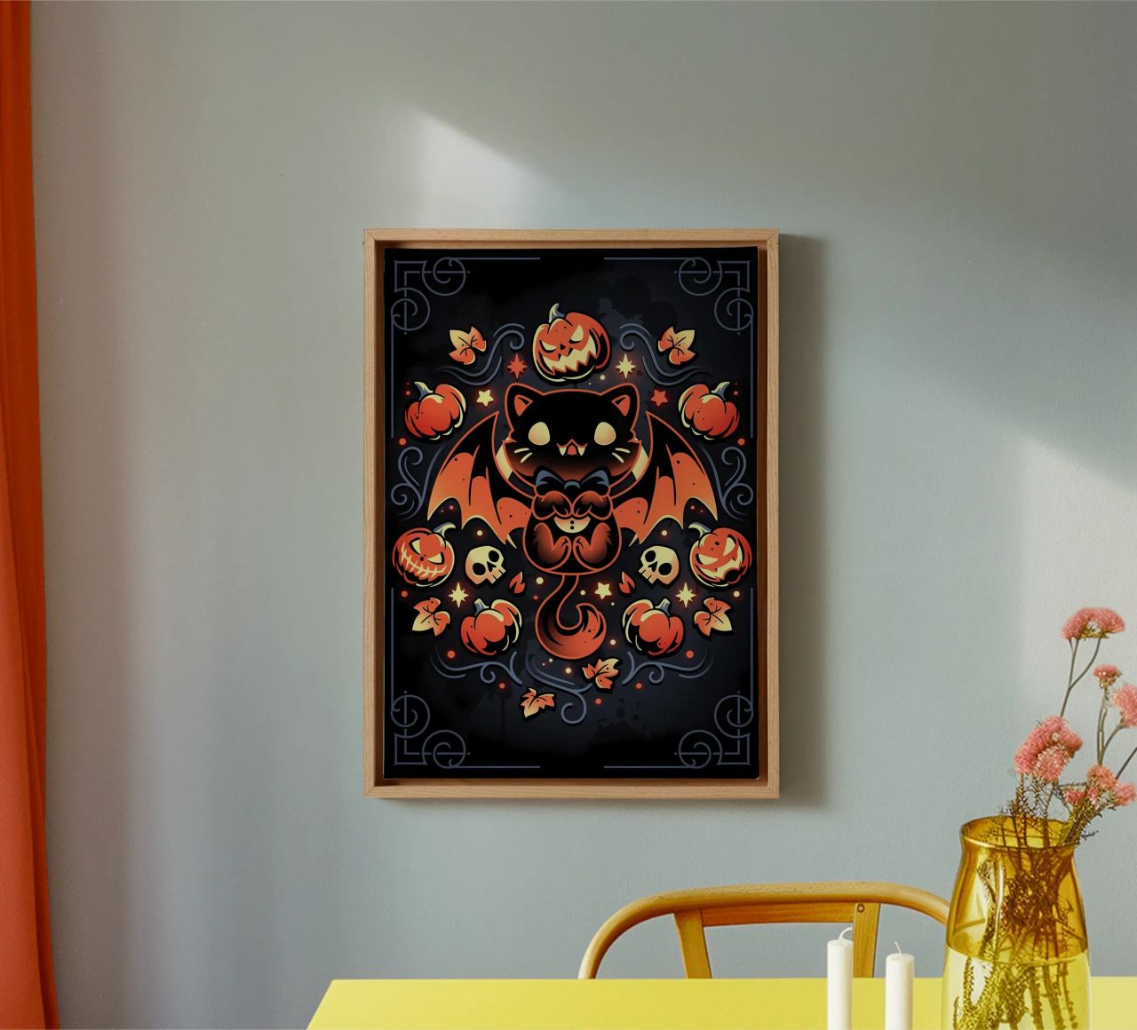 chauve-souris chat citrouilles crânes feuilles d'automne étoiles tourbillons queue aile toile de Ashish Kashyap