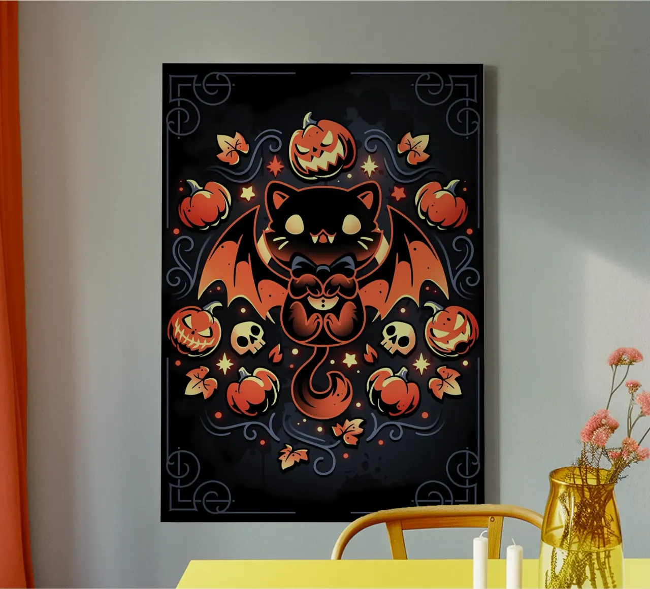 murciélago gato calabazas calaveras otoño hojas estrellas remolinos cola ala lienzo de Ashish Kashyap