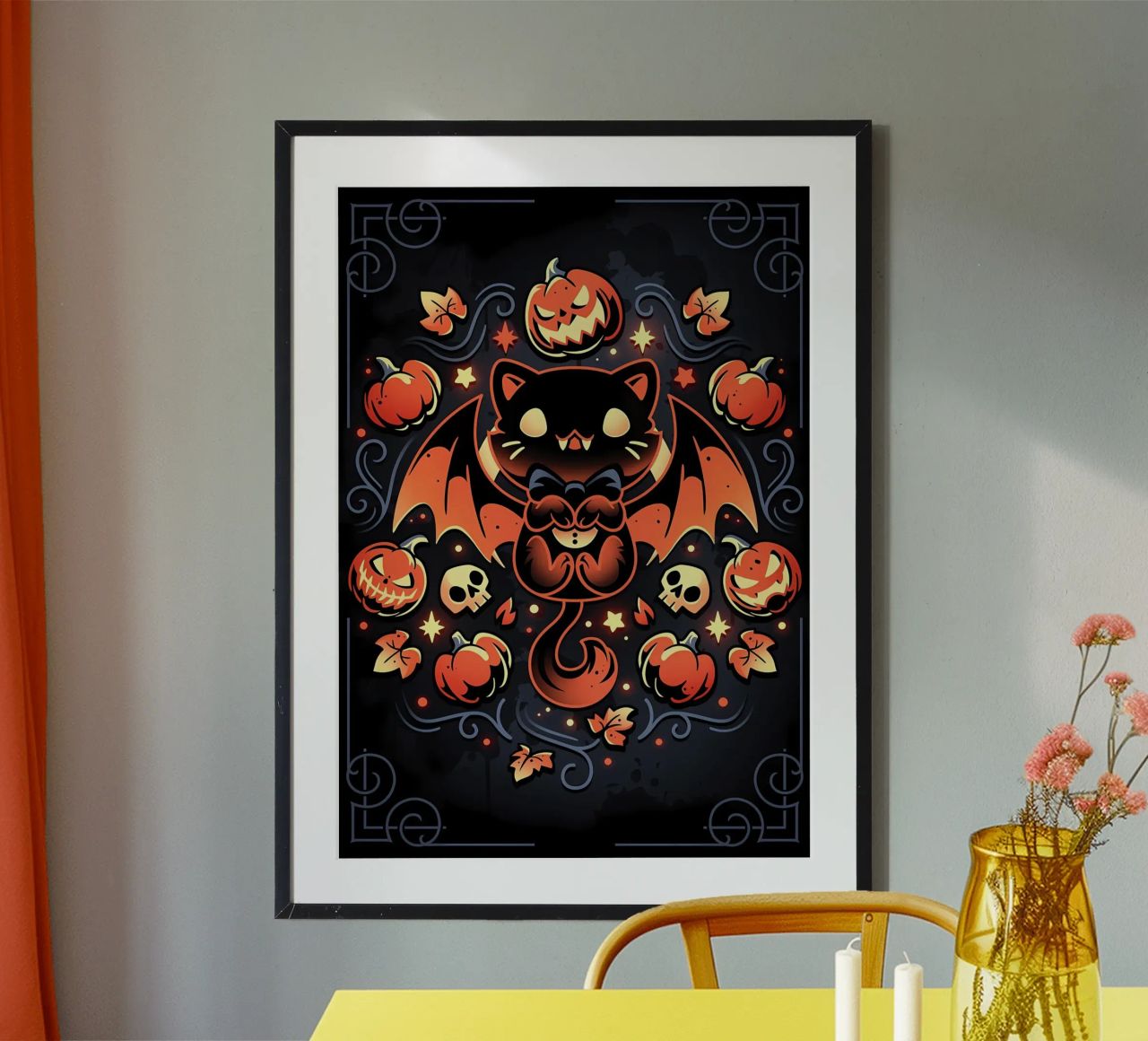 chauve-souris chat citrouilles crânes feuilles d'automne étoiles tourbillons queue aile hahnemühle de Ashish Kashyap