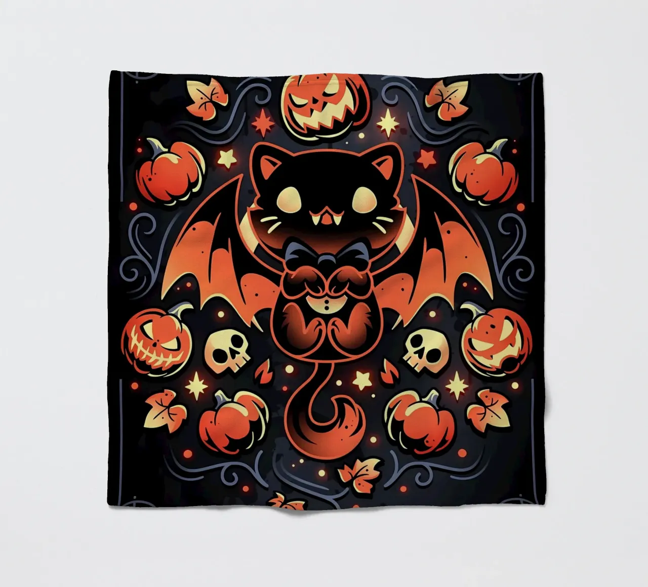 Fledermaus Katze Kürbisse Totenköpfe Herbstblätter Sterne wirbelt Schwanz Flügel Fleecedecke von Ashish Kashyap