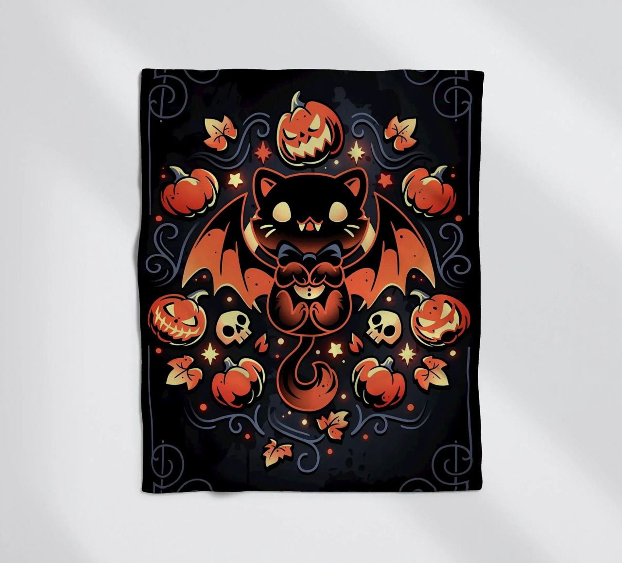 chauve-souris chat citrouilles crânes feuilles d'automne étoiles tourbillons queue aile plaid polaire de Ashish Kashyap