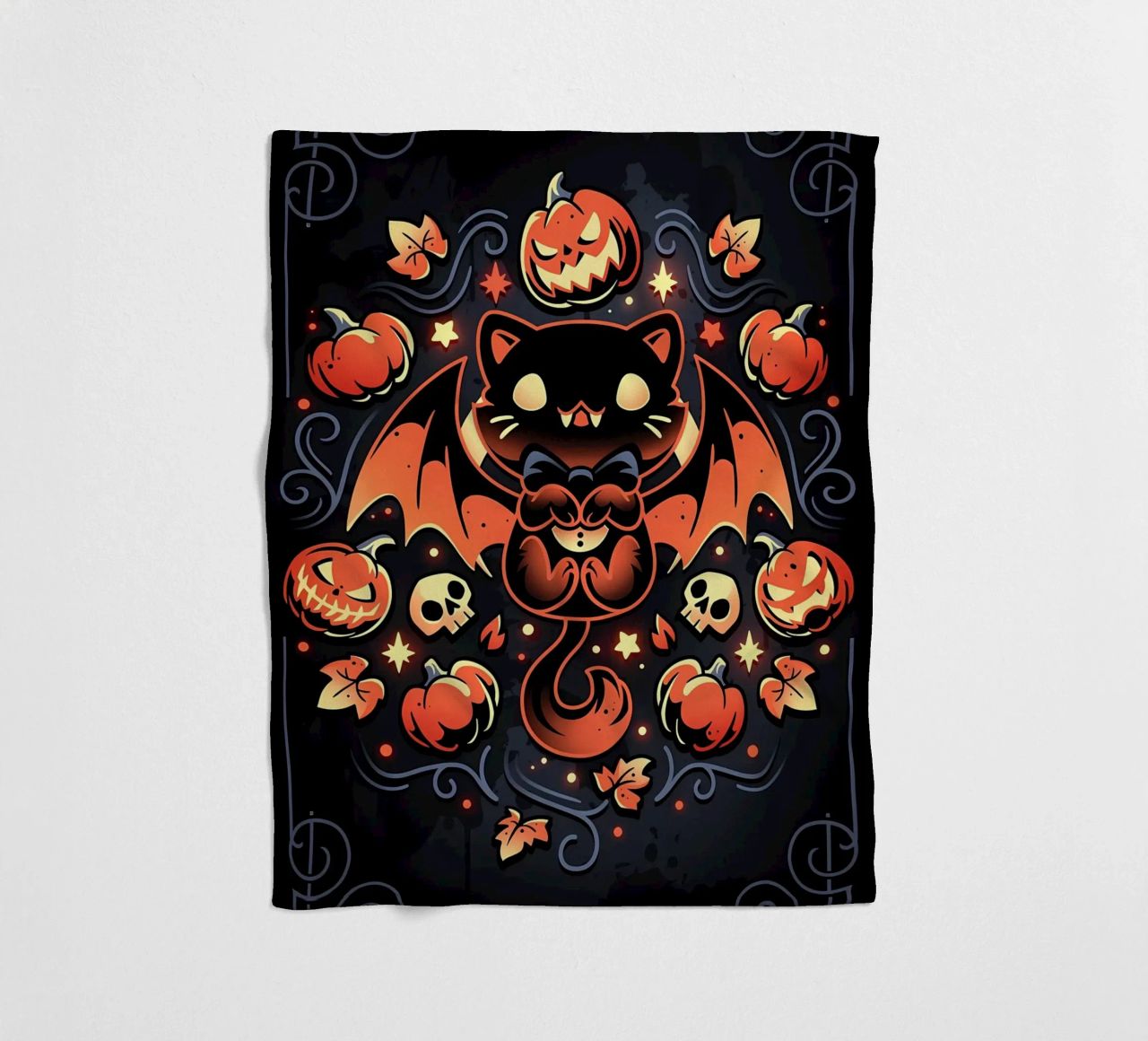 chauve-souris chat citrouilles crânes feuilles d'automne étoiles tourbillons queue aile plaid polaire de Ashish Kashyap