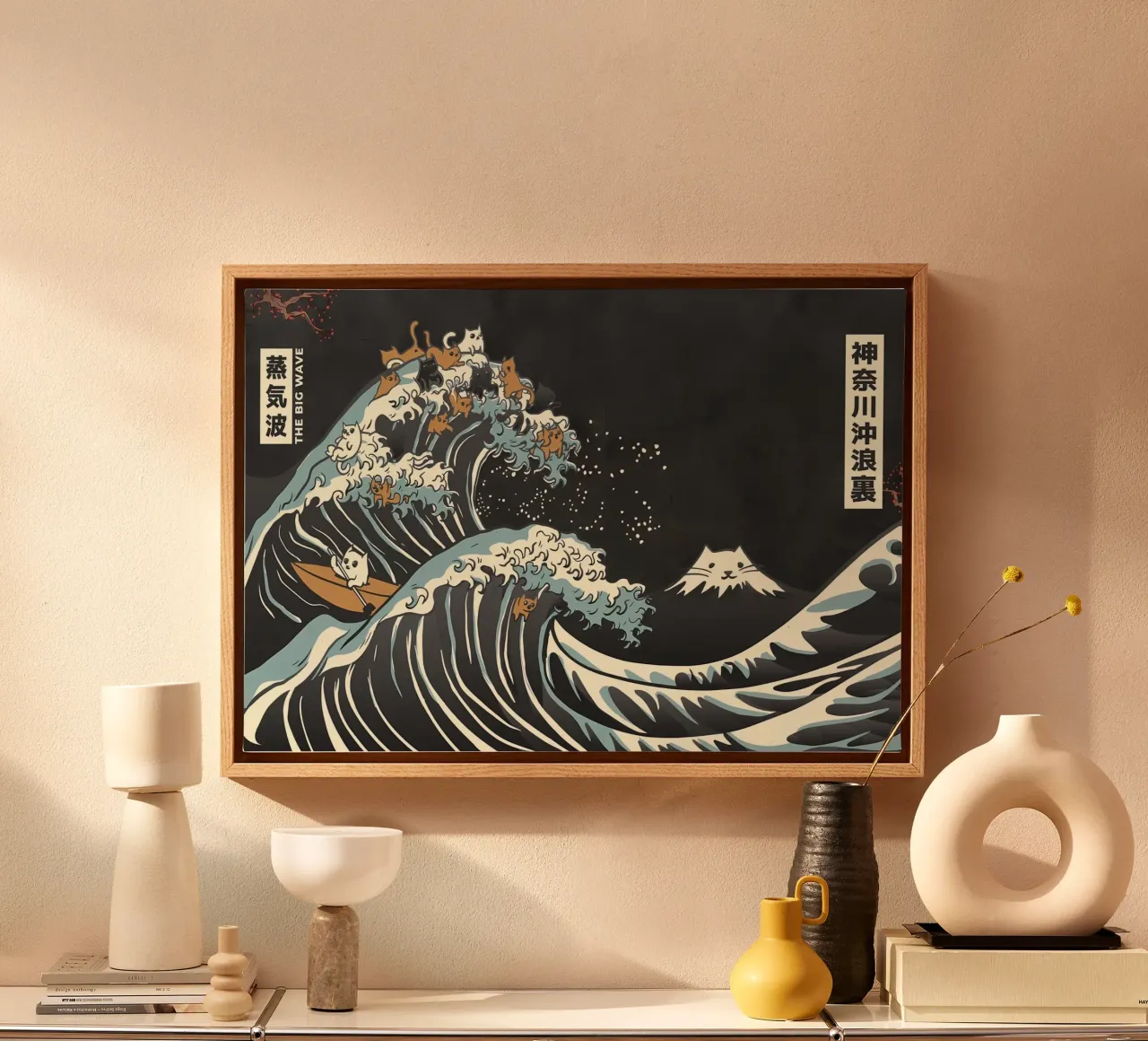 wave cats sailboat mountain ocean cartoon text sky splash wo canvas with Floater frame by Ashish Kashyap