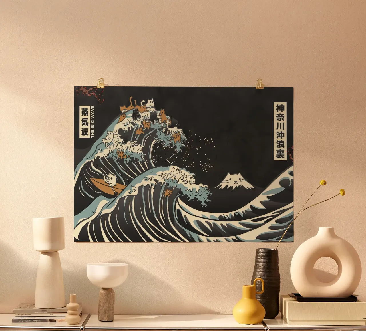 onda gatti barca a vela montagna oceano cartone animato testo cielo splash wo poster con telaio in legno da Ashish Kashyap